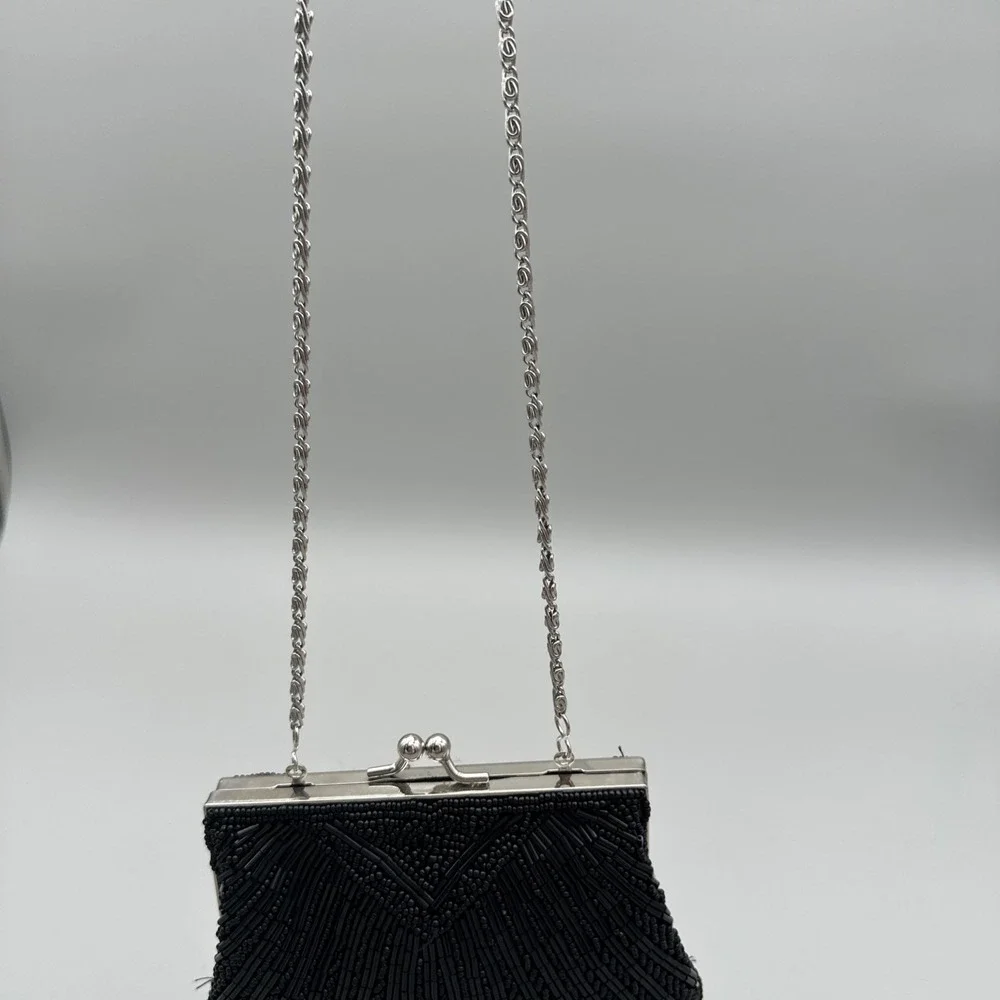Apt. 9 Black Beaded Evening Clutch Purse Shell Design Kiss Lock Vintage Style 6